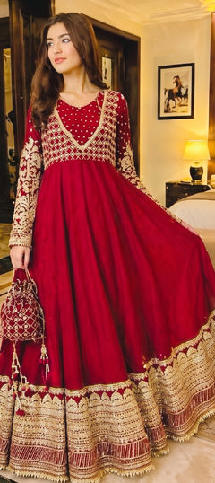 Red and Maroon color Salwar Kameez in Georgette fabric with Sequence work