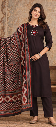 Beige and Brown color Salwar Kameez in Cotton fabric with Embroidered, Mirror work
