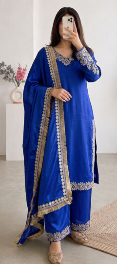 Blue color Salwar Kameez in Chinon Silk fabric with Embroidered, Sequence work