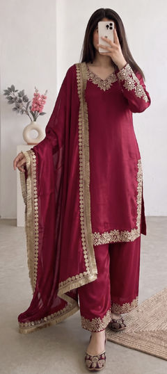 Red and Maroon color Salwar Kameez in Chinon Silk fabric with Embroidered, Sequence work
