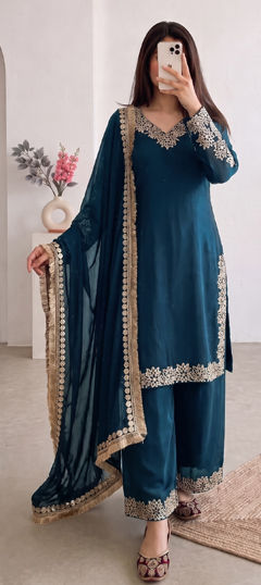 Blue color Salwar Kameez in Chinon Silk fabric with Embroidered, Sequence work
