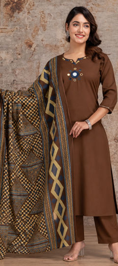 Beige and Brown color Salwar Kameez in Cotton fabric with Embroidered, Mirror work