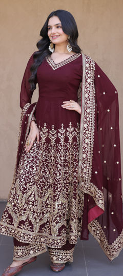 Beige and Brown color Gown in Faux Georgette fabric with Embroidered, Sequence work