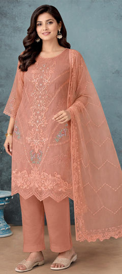 Orange color Salwar Kameez in Organza Silk fabric with Embroidered work