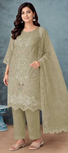 Green color Salwar Kameez in Organza Silk fabric with Embroidered work