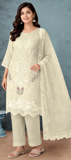 White and Off White color Salwar Kameez in Organza Silk fabric with Embroidered work
