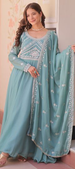 Blue color Gown in Georgette fabric with Bugle Beads, Embroidered, Sequence work