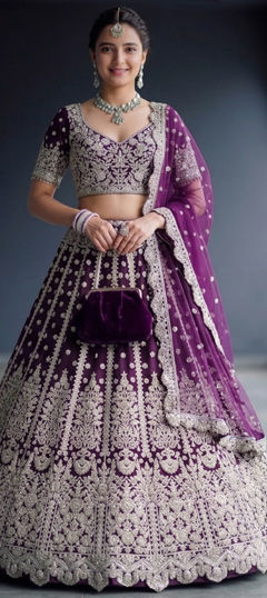 Purple and Violet color Lehenga in Net fabric with Embroidered, Sequence work