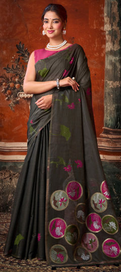 Black and Grey color Saree in Cotton Flex fabric with Floral, Printed work