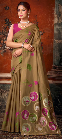 Beige and Brown color Saree in Cotton Flex fabric with Floral, Printed work