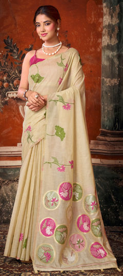 Beige and Brown color Saree in Cotton Flex fabric with Floral, Printed work