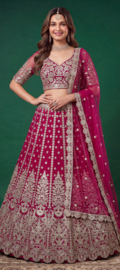 Pink and Majenta color Lehenga in Net fabric with Embroidered, Sequence, Zari work