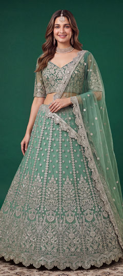 Green color Lehenga in Net fabric with Embroidered, Sequence, Zari work
