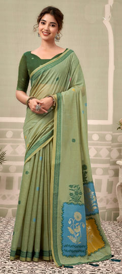 Green color Saree in Cotton fabric with Block Print work