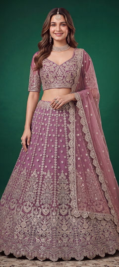 Purple and Violet color Lehenga in Net fabric with Embroidered, Sequence, Zari work