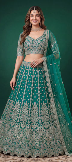 Green color Lehenga in Net fabric with Embroidered, Sequence, Zari work