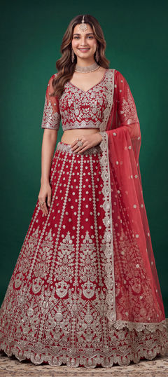 Red and Maroon color Lehenga in Net fabric with Embroidered, Sequence, Zari work