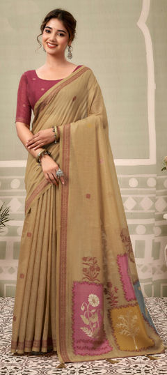 Beige and Brown color Saree in Cotton fabric with Block Print work