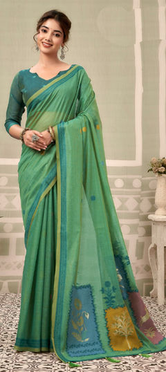 Green color Saree in Cotton fabric with Block Print work