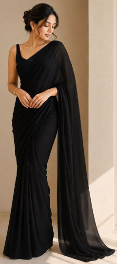 Black and Grey color Saree in Georgette fabric with Thread work