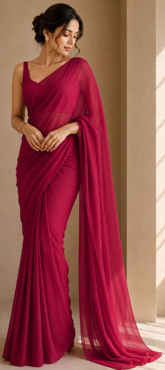Red and Maroon color Saree in Georgette fabric with Thread work