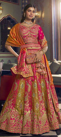 Orange, Pink and Majenta color Lehenga in Banarasi Silk fabric with Embroidered, Sequence, Stone, Weaving, Zari work