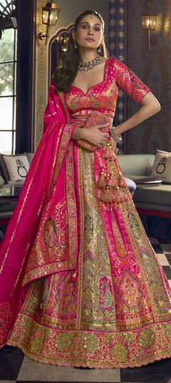 Black and Grey, Pink and Majenta color Lehenga in Banarasi Silk fabric with Embroidered, Resham, Sequence, Stone, Zari work