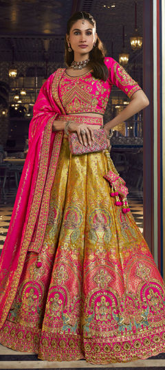 Pink and Majenta, Yellow color Lehenga in Banarasi Silk fabric with Embroidered, Resham, Sequence, Stone, Zari work