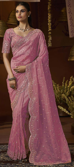 Pink and Majenta color Saree in Tissue fabric with Bugle Beads, Sequence, Thread, Zari work
