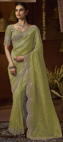 Green color Saree in Tissue fabric with Bugle Beads, Sequence, Thread, Zari work