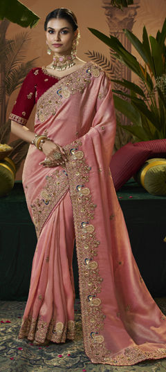 Pink and Majenta color Saree in Jacquard fabric with Bugle Beads, Sequence, Thread, Zari work