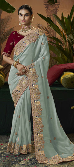 Blue color Saree in Jacquard fabric with Bugle Beads, Sequence, Thread, Zari work