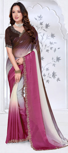 Beige and Brown, Pink and Majenta color Saree in Tissue fabric with Zircon work