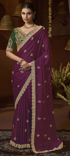 Purple and Violet color Saree in Satin fabric with Bugle Beads, Sequence, Thread, Zari work