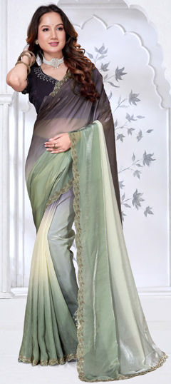 Black and Grey, Green color Saree in Tissue fabric with Zircon work