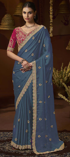 Green color Saree in Satin fabric with Bugle Beads, Sequence, Thread, Zari work