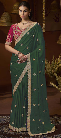 Green color Saree in Satin fabric with Bugle Beads, Sequence, Thread, Zari work