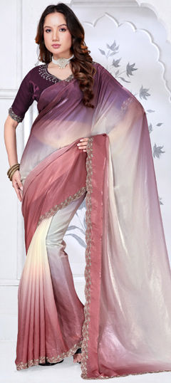Beige and Brown, Purple and Violet color Saree in Tissue fabric with Zircon work