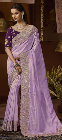 Purple and Violet color Saree in Jacquard fabric with Bugle Beads, Sequence, Thread, Zari work