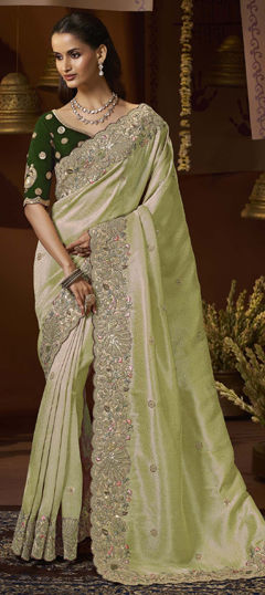 Green color Saree in Jacquard fabric with Bugle Beads, Sequence, Thread work