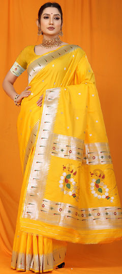 Yellow color Saree in Blended fabric with Weaving, Zari work