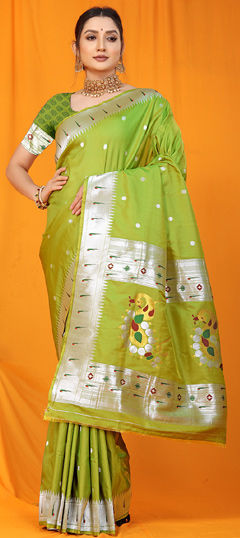 Green color Saree in Blended fabric with Weaving, Zari work
