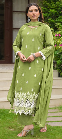 Green color Salwar Kameez in Cotton fabric with Embroidered work