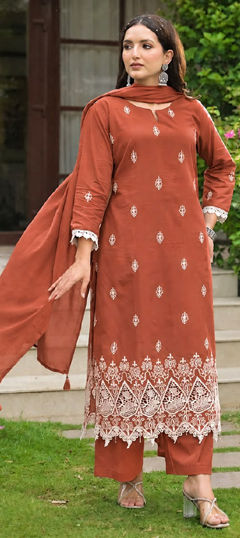 Beige and Brown color Salwar Kameez in Cotton fabric with Embroidered work