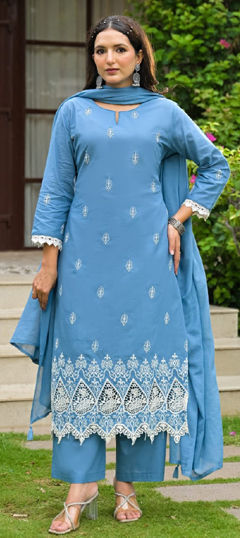 Blue color Salwar Kameez in Cotton fabric with Embroidered work