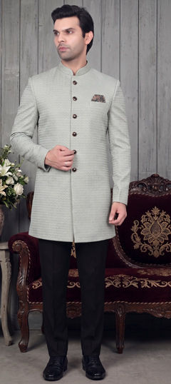 Black and Grey color IndoWestern Dress in Jacquard fabric with Weaving work