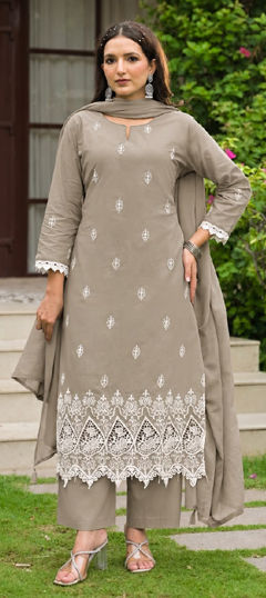 Beige and Brown color Salwar Kameez in Cotton fabric with Embroidered work
