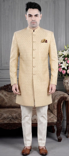 Beige and Brown color IndoWestern Dress in Jacquard fabric with Weaving work