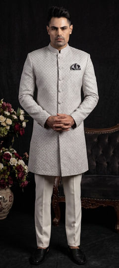 Black and Grey color IndoWestern Dress in Jacquard fabric with Weaving work