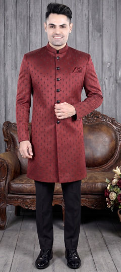 Red and Maroon color IndoWestern Dress in Jacquard fabric with Bugle Beads, Thread work